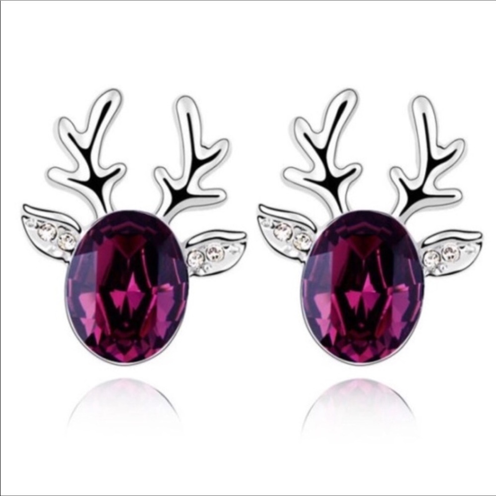 PURPLE STONE REINDEER EARRINGS W/ SILVER TONE CUTE